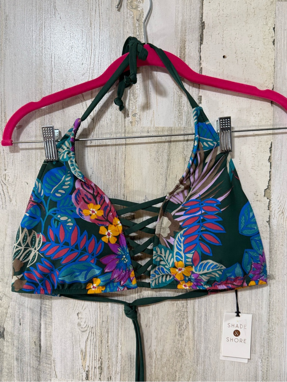 Shade & Shore Dark Green Tropical Lace-Up Bikini Top